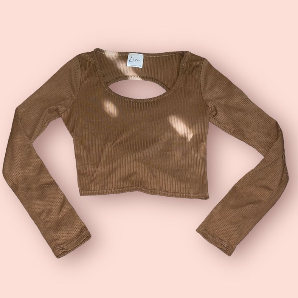 2 for $10! Natural brown long sleeve crop top with sexy twisted cut out back